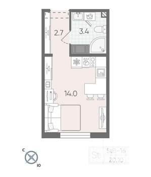 Студия квартира, вторичка, 20м2, 7/25 этаж