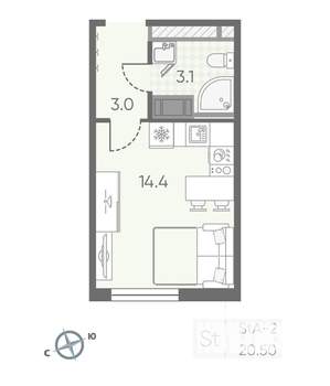Студия квартира, вторичка, 21м2, 22/25 этаж