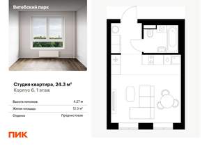 Студия квартира, вторичка, 24м2, 1/12 этаж
