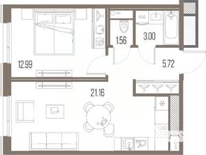 1-к квартира, строящийся дом, 44м2, 10/10 этаж