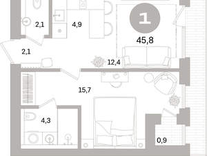 1-к квартира, вторичка, 46м2, 2/17 этаж