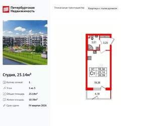 Студия квартира, вторичка, 25м2, 1/5 этаж