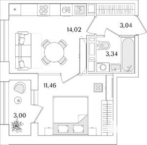 1-к квартира, строящийся дом, 33м2, 6/15 этаж