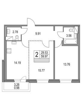 2-к квартира, вторичка, 61м2, 10/17 этаж