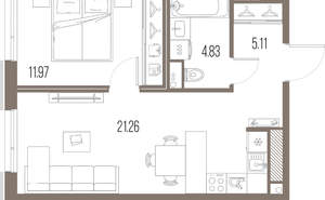 1-к квартира, строящийся дом, 43м2, 9/10 этаж