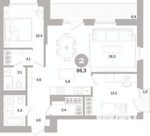 2-к квартира, вторичка, 86м2, 6/15 этаж