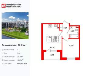 1-к квартира, вторичка, 32м2, 3/5 этаж