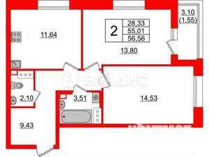 2-к квартира, вторичка, 57м2, 7/12 этаж