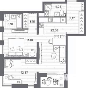 2-к квартира, вторичка, 69м2, 1/25 этаж