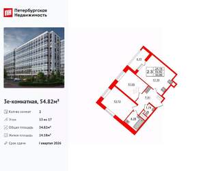 2-к квартира, вторичка, 55м2, 13/17 этаж