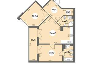 2-к квартира, строящийся дом, 71м2, 8/24 этаж