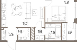 1-к квартира, строящийся дом, 46м2, 9/10 этаж