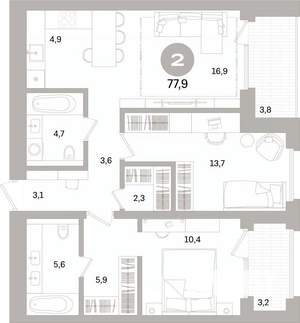 2-к квартира, вторичка, 78м2, 6/16 этаж