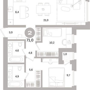 2-к квартира, вторичка, 71м2, 6/17 этаж
