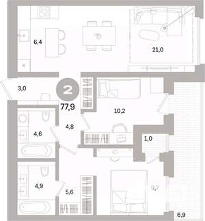 2-к квартира, вторичка, 78м2, 3/16 этаж