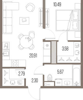 1-к квартира, строящийся дом, 46м2, 8/10 этаж