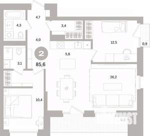 2-к квартира, вторичка, 86м2, 9/15 этаж