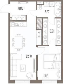 1-к квартира, строящийся дом, 52м2, 8/10 этаж