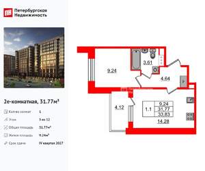 1-к квартира, вторичка, 32м2, 5/12 этаж