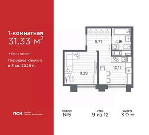 1-к квартира, вторичка, 31м2, 9/12 этаж