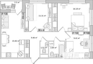 3-к квартира, сданный дом, 68м2, 7/15 этаж