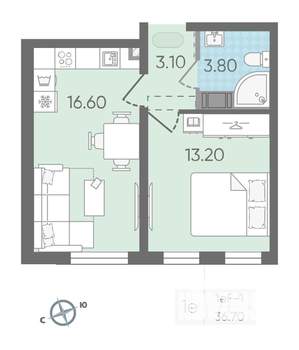 1-к квартира, вторичка, 37м2, 14/25 этаж