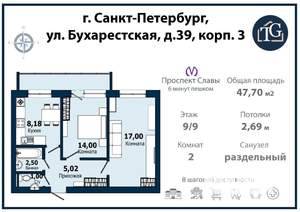 2-к квартира, вторичка, 48м2, 9/9 этаж