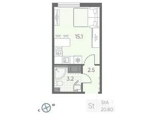 Студия квартира, вторичка, 21м2, 4/25 этаж