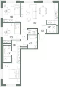 3-к квартира, строящийся дом, 91м2, 3/10 этаж