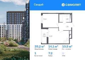 1-к квартира, вторичка, 35м2, 6/10 этаж