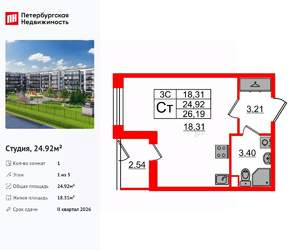 Студия квартира, вторичка, 25м2, 1/5 этаж