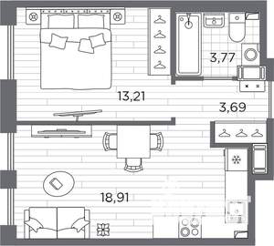 1-к квартира, вторичка, 40м2, 2/7 этаж