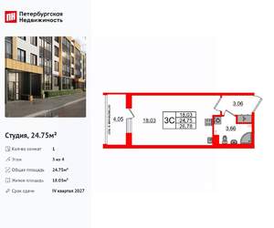 Студия квартира, вторичка, 25м2, 3/4 этаж