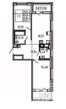 2-к квартира, вторичка, 61м2, 6/17 этаж
