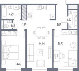 2-к квартира, строящийся дом, 66м2, 8/10 этаж