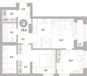 2-к квартира, вторичка, 72м2, 9/16 этаж