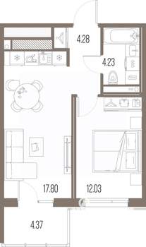 1-к квартира, строящийся дом, 38м2, 8/10 этаж