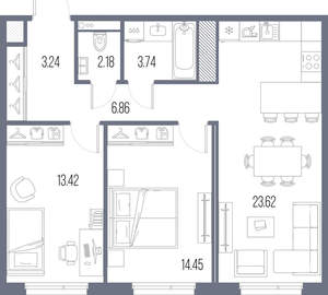 2-к квартира, строящийся дом, 68м2, 6/10 этаж