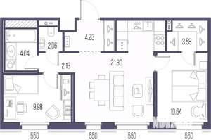2-к квартира, строящийся дом, 58м2, 7/7 этаж