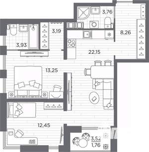 2-к квартира, вторичка, 69м2, 6/25 этаж