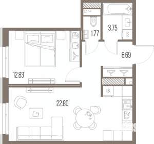 1-к квартира, строящийся дом, 48м2, 4/10 этаж