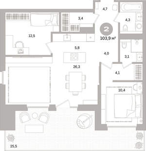 2-к квартира, вторичка, 104м2, 2/16 этаж