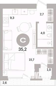 Студия квартира, вторичка, 35м2, 2/7 этаж