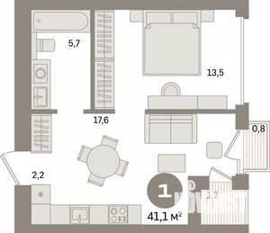 1-к квартира, вторичка, 41м2, 10/16 этаж