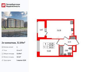 1-к квартира, вторичка, 33м2, 11/17 этаж