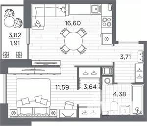 1-к квартира, вторичка, 42м2, 13/25 этаж