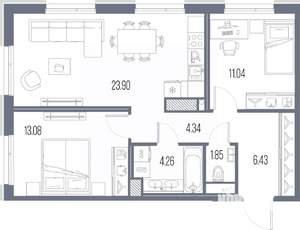 2-к квартира, строящийся дом, 65м2, 8/10 этаж
