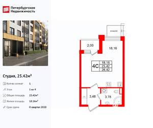 Студия квартира, вторичка, 25м2, 1/4 этаж