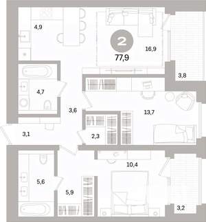 2-к квартира, вторичка, 78м2, 3/16 этаж