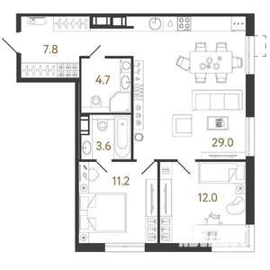 2-к квартира, вторичка, 68м2, 21/23 этаж